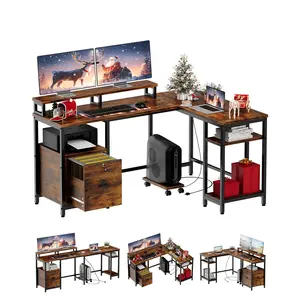 L-Shaped Computer Desk with File Drawer & Power Outlet – Dual Monitor Shelf, Printer Storage, Mobile CPU Stand – Corner Workstation Table – Rustic Brown