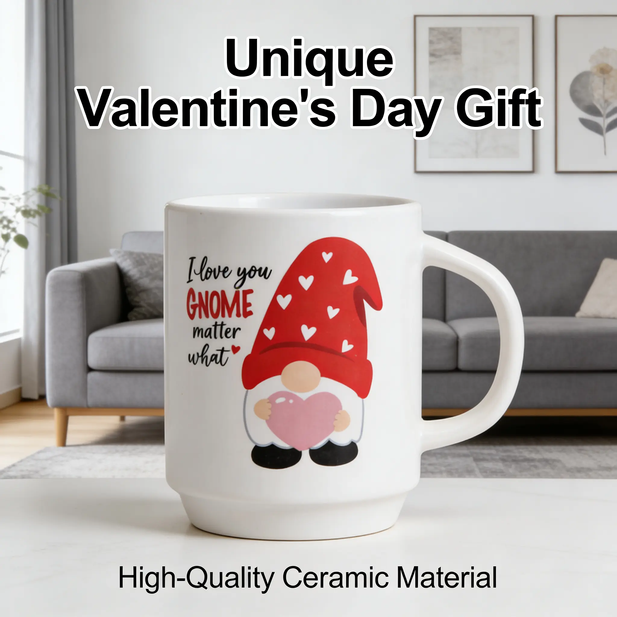 Cute Gnome Coffee Mug 9oz | Valentines Themed Ceramic Cup | Small Porcelain Beverage Mug with Handle | Romantic Quote Tea Mug | Decorative Holiday Coffee Cup