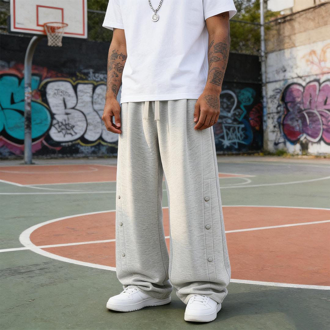 2-Pack Men’s Casual Athletic Pants with Side Button Placket, Loose Wide-Leg Street Style Straight-Leg Long Pants