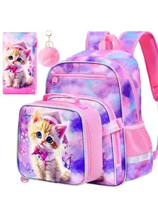 Dreamy Cat Backpack for Kids, Includes Matching Pencil Pouch & Fluffy Pom Pom, Perfect for School, Preppy Style, All Seasons