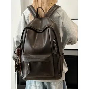 Simple Large Capacity Soft Leather Durable Backpack for Men, High School Students, Lightweight Travel Laptop Bag, Dual Shoulder Strap