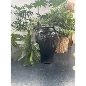 Black Ceramic Engraved Lines with Floral Vase