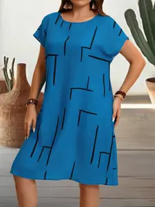 Plus Size Women's Fashion Womenswear Geometric Print Short Sleeve Woven Dress, Stylish and Comfortable, Perfect for Casual Wear, Trendy Summer