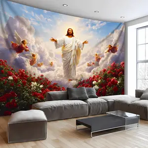 1pc Extra Large Sacred Jesus Rose Garden Photo Tapestry, Polyester Aesthetic HD Print Wall Hanging, Living Room Bedroom Office Home Party Decor, No-Install Needed, Peach Skin Velvet, 95g/sqm, with Animal Print Pattern, Horizontal Orientatio