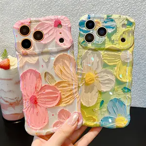 OREKROY Colorful Retro Oil Painting Floral Case for iPhone 17 16 15 14 13 12 11 Pro Max ,Flower Pattern Cute Curly Wave Frame Phone Case Camera Protection, Soft Protective Cover for Girls & Women