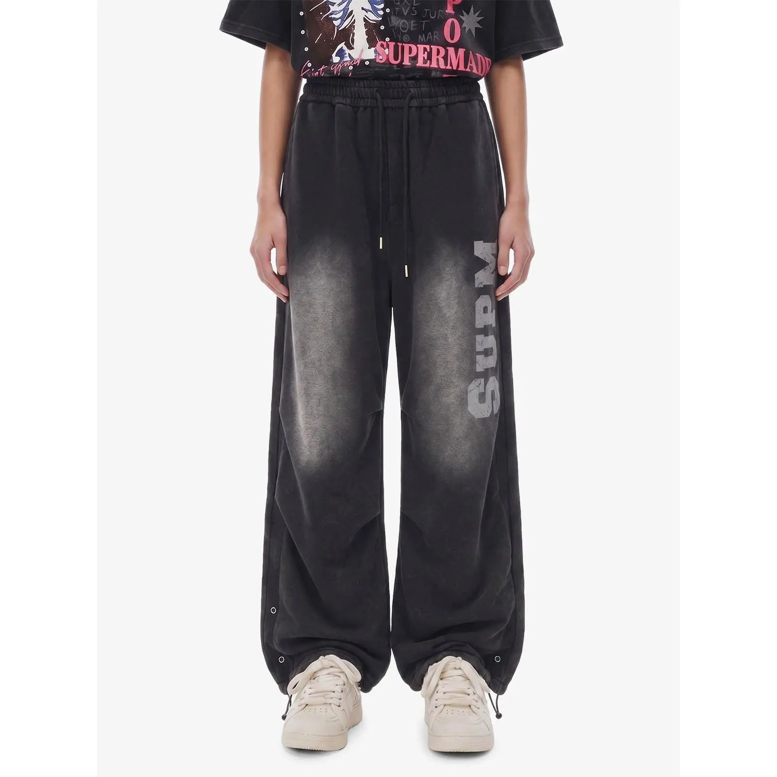Thesupermade French Terry Distressed Gradient Drawstring Wide Leg Pants