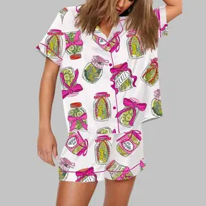 Pickle Lover Short Sleeve Satin Pajama Set for Women, Coquette Bow Sleepwear, Cute Foodie Gift