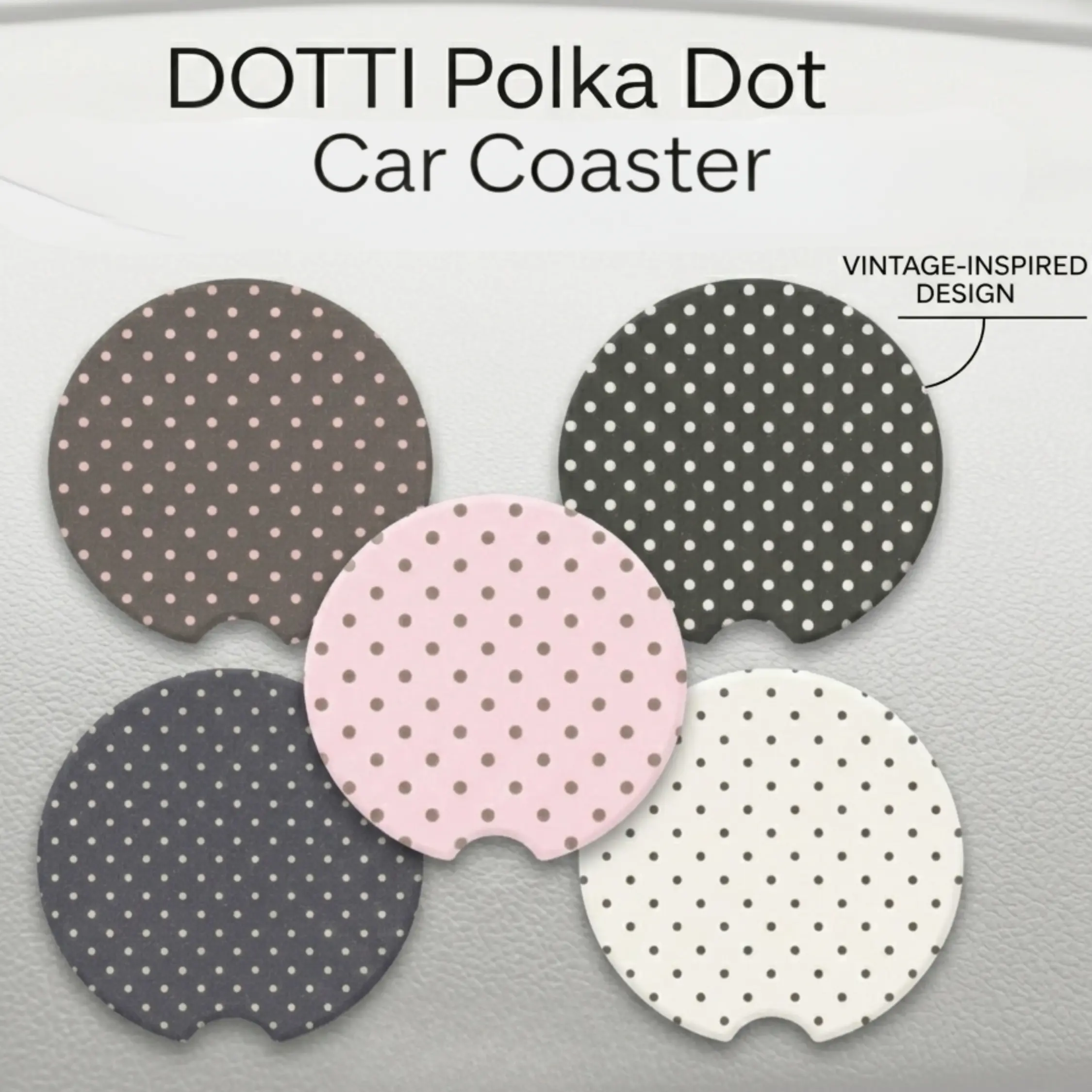Polka Dot Car Coasters Set, Cute Vintage Inspired Auto Cup Holder Coasters, Aesthetic Ceramic Car Accessories, Preppy Car Decor Gift