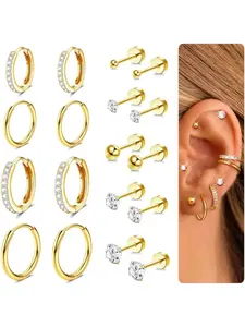 9 Pairs Earrings Sets for Multiple Piercing Hypoallergenic 14K Gold Plated Small Huggie Hoop Earrings for Women Tiny CZ Gold Flat Back Stud Earrings for Women Lobe Helix Cartilage Earrings Earring Stacking Set