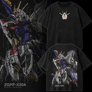 Gundam Mobile Suit ZGMF-X20A Strike Freedom Origin Retro Unisex Vintage Double Printed Heavyweight Cotton Oversized Wash Tee, Workout Clothes, Gym Workouts, Clothes for Daily Wear