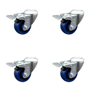 212 MAIN Swivel Castor Set of 4 (SCC-SSBHTTL20S314-SPUS-4) - Stainless Steel Bolt Hole Caster, 3x1.25 in. Blue Solid Polyurethane Wheel, Lockable Wheels, Total Lock Brake