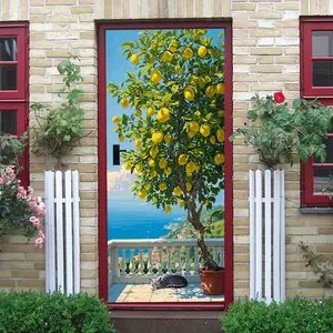 2pcs Mediterranean Style Lemon Tree Cat Balcony Wall Sticker Creative Home Decor Self Adhesive Removable Living Room Bedroom Wall Decal Fresh Green Plant Landscape Art Wall Mural Home Decor Sticker