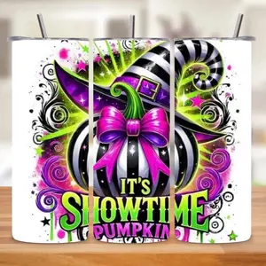 It's Showtime Pumpkin 20oz Tumbler with Colorful Design and Pink Bow Decoration