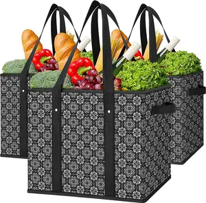 3Pk Reusable Grocery Sacks, Compact Shopping Bags with Strong Bottom & Ergonomic Handles