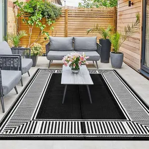 Outdoor Rug Waterproof Patio Rugs Modern Striped Reversible Mat for Front Door Rv Border Foldable Plastic Straw Carpet for Travel Trailers, Camper, Balcony, Beach