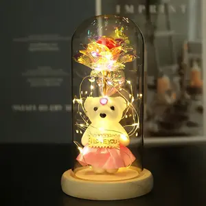 Cute Bear Artificial Rose Flower with Glass Dome, 1 Count Creative DIY LED String Light Decor Infinity Rose without Battery, Stylish Gift for Friend & Family, Led Home Decor