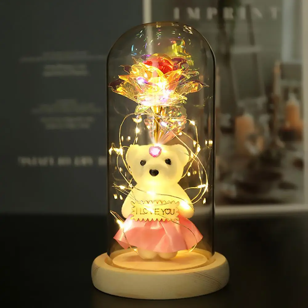 Cute Bear Artificial Rose Flower with Glass Dome, 1 Count Creative DIY LED String Light Decor Infinity Rose without Battery, Stylish Gift for Friend &