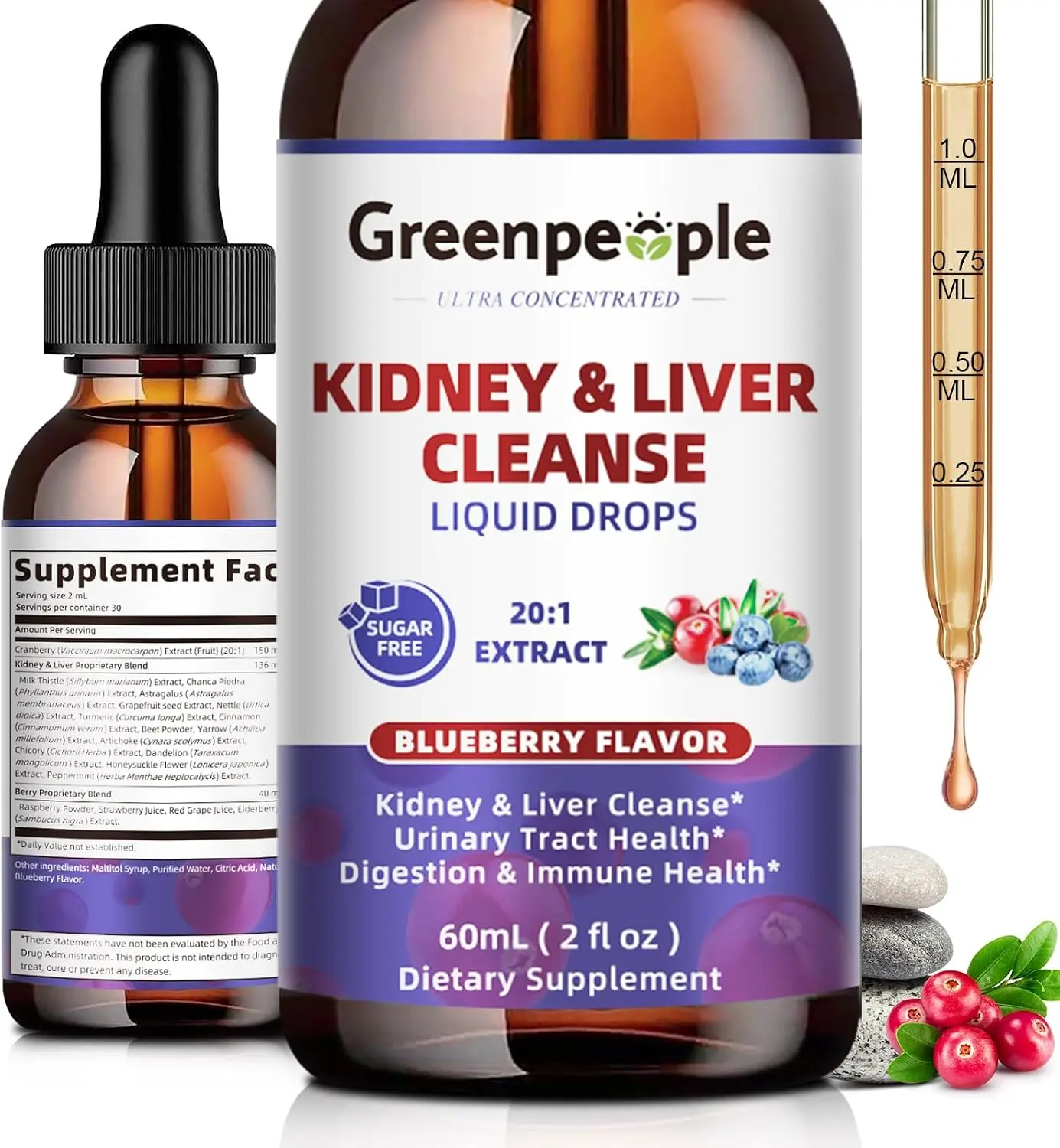 GREENPEOPLE Kidney & Liver Cleanse Detox & Repair - 2 Oz Drops | 27-In-1 Alcohol-Free Supplements with 20:1 Cranberry Extract & Chanca Piedra for Urinary Tract & Liver Support Blueberry