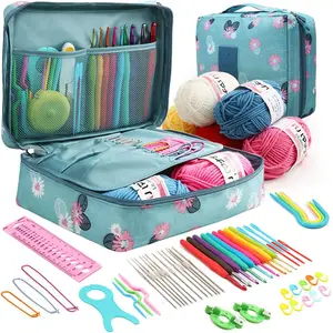 59 Pcs Crochet Hooks Kit for Beginners Adults, Knitting Starter Kit for Adults Ergonomic Soft Grip Handle Crochet Tools, DIY Weave Yarn Kits with Carry Bag, Travel Knitting Crochet Supplies blue bag beginner craft
