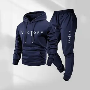 Men's Victory Letter Printed Hoodie & Drawstring Sweatpants Set Casual Athletic Long Sleeve Hooded Jacket & Trousers for Fall Winter Daily Wear Sportswear Indoor Outdoor Tracksuit Athleisure