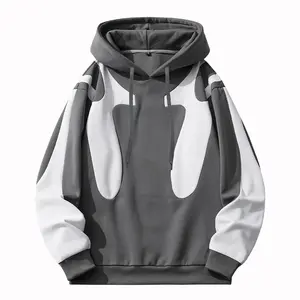 Winter Men's Hooded Patchwork Sweatshirt Fashionable Versatile Casual Fleece Lined Thick Warm Windproof Jacket for Daily Wear in Polyester Menswear Tops Long Sleeve Graphic Streetwear Hoodie Grey hoodies men