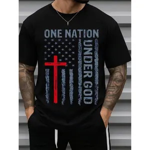 Men'S Christian Flag T-Shirt - 100% 180GSM Heavyweight Black with Flag & Cross Design, "One Nation Under God" & John 3:16 Bible Verse - Casual Round Neck Short Sleeve Tee for Church, Casual Attire, Christmas Gifts - All-Season Fit