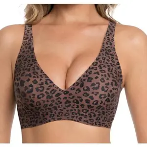 Women's Seamless Pink Leopard Print Bra Wire-Free Bra Full Cup Soft Thin Mold Support Breathable and Beauty Deep V Plus Up Bra