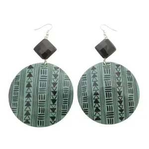Green hand painted geometric shell and black onyx boho earrings
