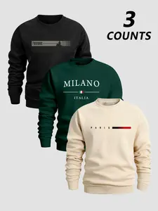 Men's Classic Casual Letter Print Fleece Sweatshirt, Long Sleeve Round Neck Top, Fall & Winter Fashion, 3 Pack Set