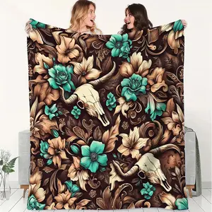 Bohemian-Style Flannel Throw Blanket, Turquoise Blue Color-Blocked Floral Bull Skull Print Themed Blanket,Soft and Fluffy Blanket, Warmth,Outdoor Activities, and As A Gift, Using In The Living Room,  Sofa, Office, While Camping, and During Travel