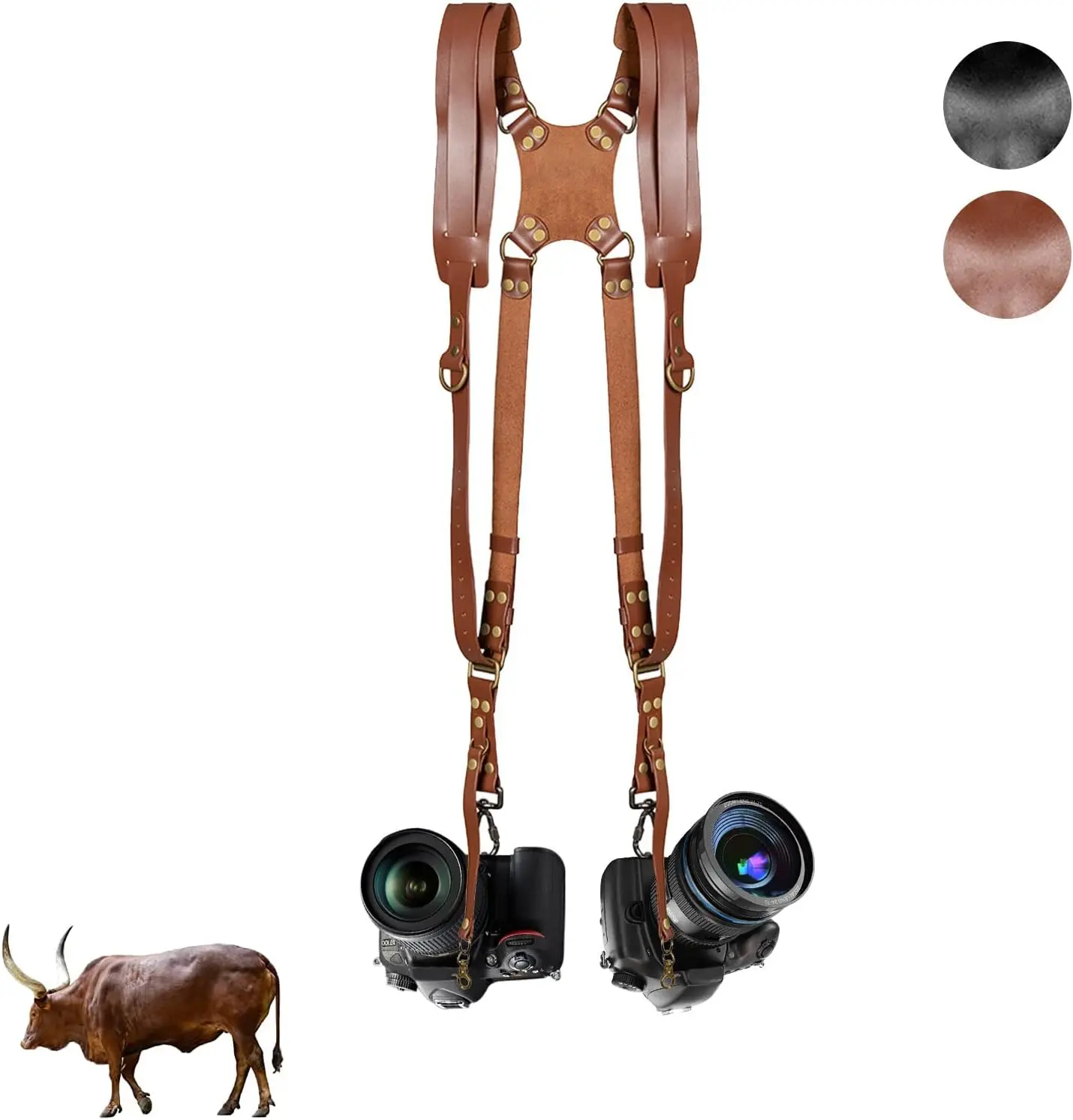 Camera Strap,Camera Straps for Photographers,Leather Dual Camera Strap for Two DSLR/SLR Cameras (Brown)
