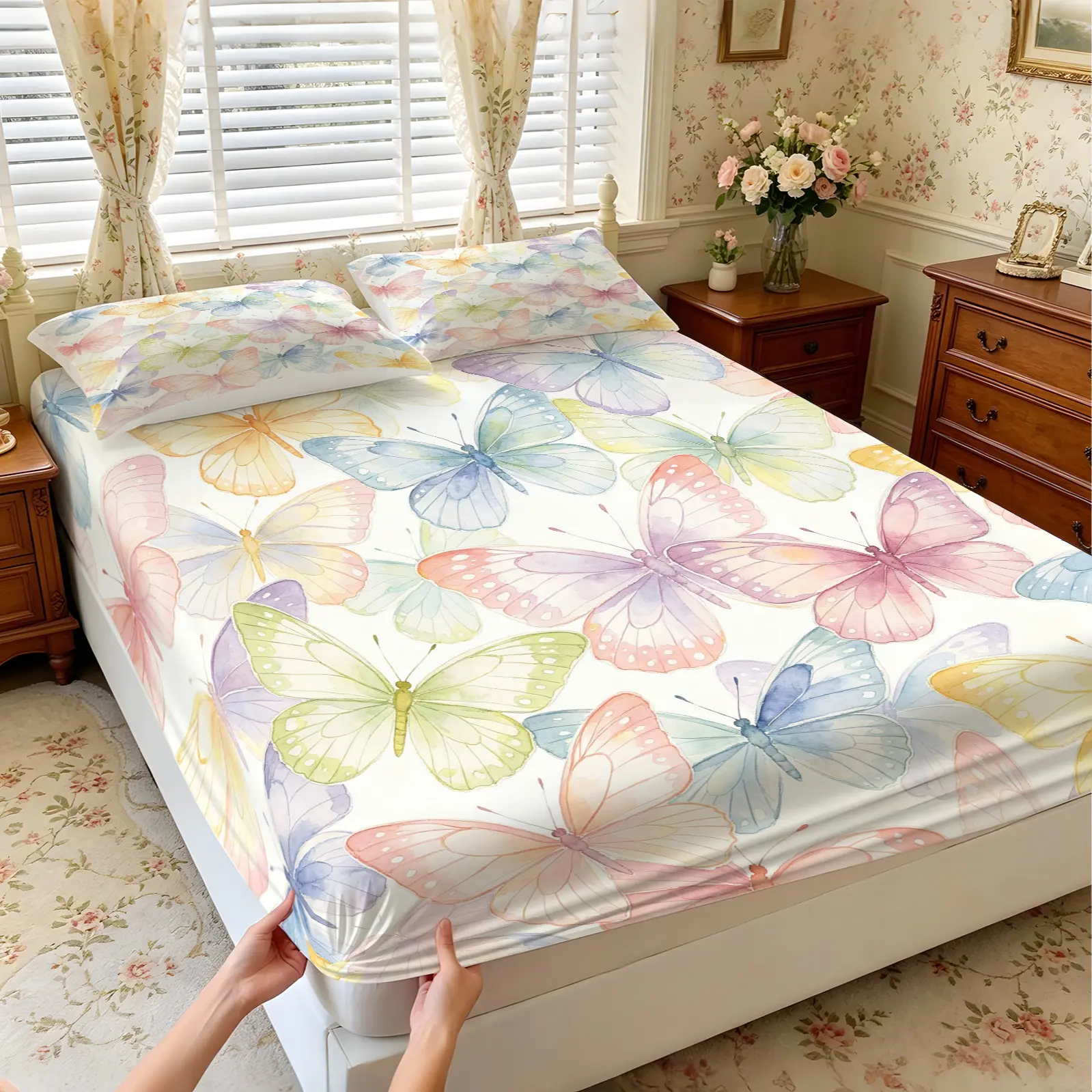 3Pcs Watercolor Butterfly Print Fitted Sheet Set, Multiple Styles, Soft Bed Sheets, Comfortable, Breathable and Skin-Friendly, Bedding Suitable for Bedroom, Suitable for All People, Ideal Gift Choice (No Filler, No Pillow Insert)