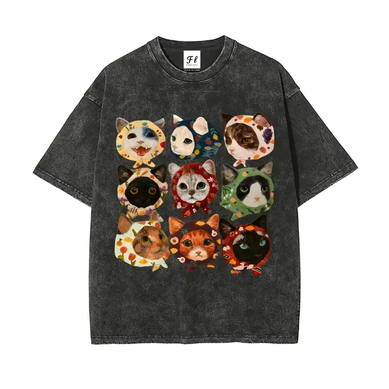 Unisex Retro Round Neck Graphic T-Shirt - Cat Pattern Washed Stretch Fabric, Vintage Colorful Cartoon Cat, Natural Theme Soft Breathable Loose-Fit Casual Short Sleeve Streetwear Top