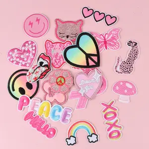 20pcs Series Mixed Fabric Patches, Iron-On Sewing Stickers, Heart Face Rainbow Shapes, DIY Handmade Backpack Hat Clothing Decorations, Heart Embroidery