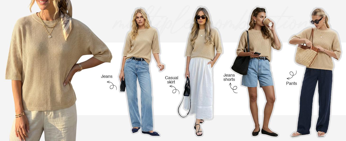 Arach&Cloz Womens 100% Cotton 3/4 Length Sleeve Sweater Crochet Tops Shirts Casual Blouses Resort Wear Summer 2026