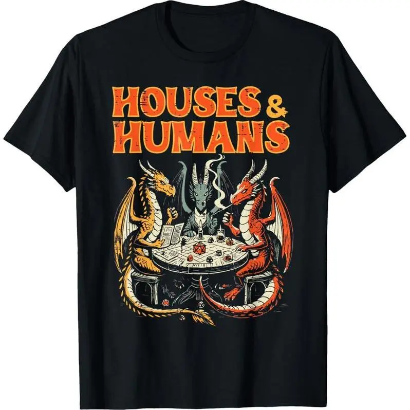 Vintage Distress Three Dragons Playing Dice Table Game Print Premium Cotton Short Sleeve, Dungeon Master Gamer Cotton Casual Tee