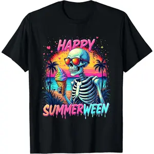 Women's 100% Cotton Shortsleeve Round Neck Casual Tee - Fabric Garment with Tropical Watermelon, Jack-O-Lantern, Summerween Skeleton Prints for Outdoor Wear