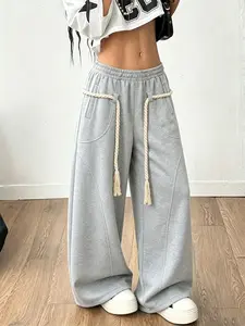 TikTok Viral 2026 Women's Casual Wide Leg Sweatpants with Thick Rope Drawstring Elastic Waist High Waist Baggy Trousers Y2K Streetwear Style Loose Fit Pants for Jogging Gym Daily Wear