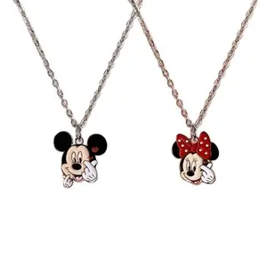 DISNEY Mickey and Minnie Heart Necklace – Rose Gold or Silver with Iconic Character Design and Elegant Matelasse Chain, Perfect Gift for Disney Fans