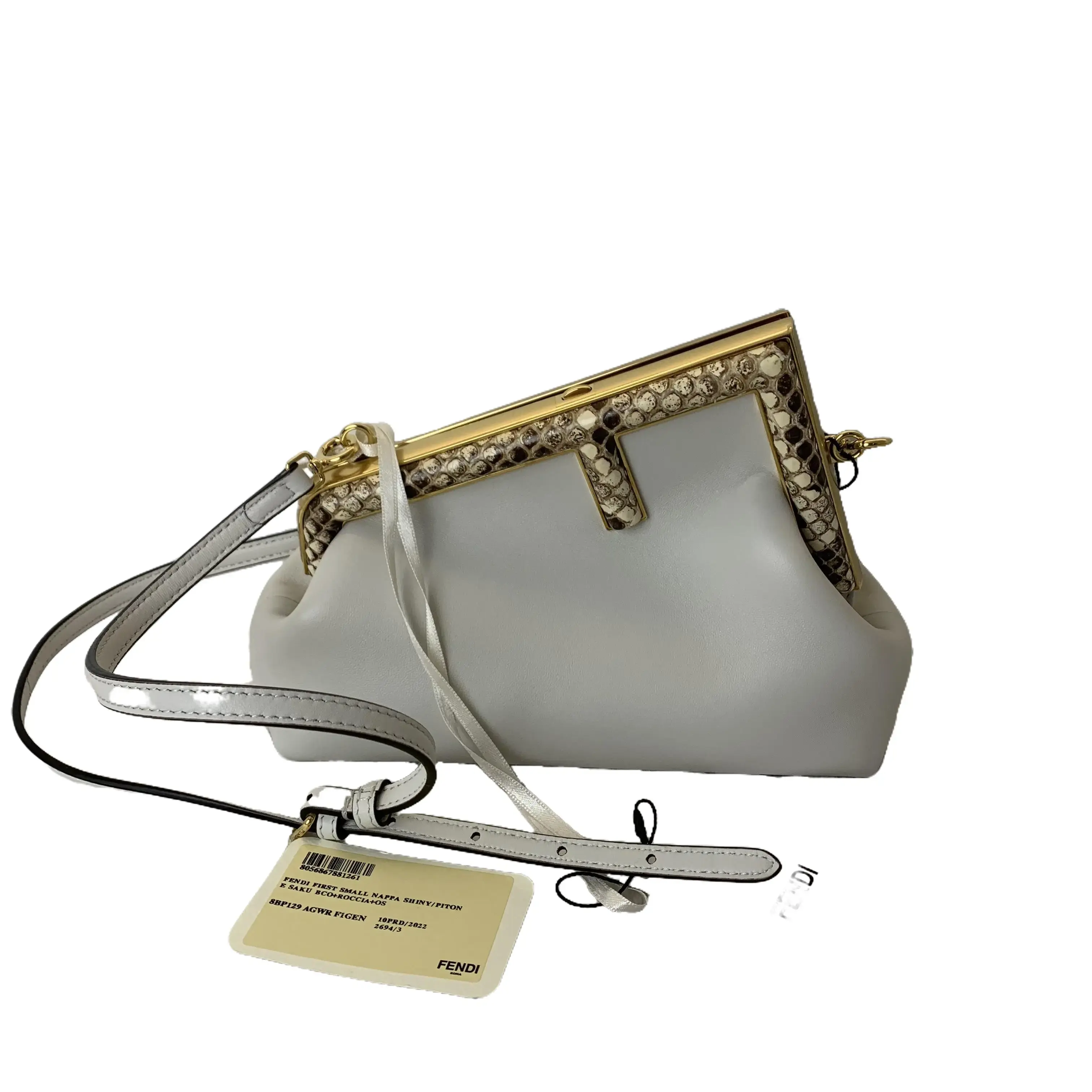 Pre-owned FENDI First Small Off White Nappa Leather Crossbody Bag with Python Snakeskin Frame Trim, Full Original Tags Included TKB00000282
