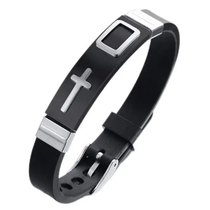 Men’s Stainless Steel Cross Bracelet – Adjustable Black Silicone Wristband – Gold & Silver Tone Christian Jewelry – Waterproof, Durable, Comfortable Religious Gift for Him