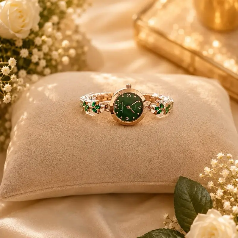 Unisex Fashionable Quartz Wrist Watch with Gold Accents, Emerald Details, and Alarm, Fashionable Watches