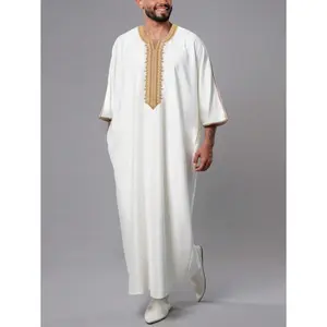 Men's Solid Color Robe With Pockets, Vintage Embroidery Casual Bathrobe, Men's White Loungewear Robe