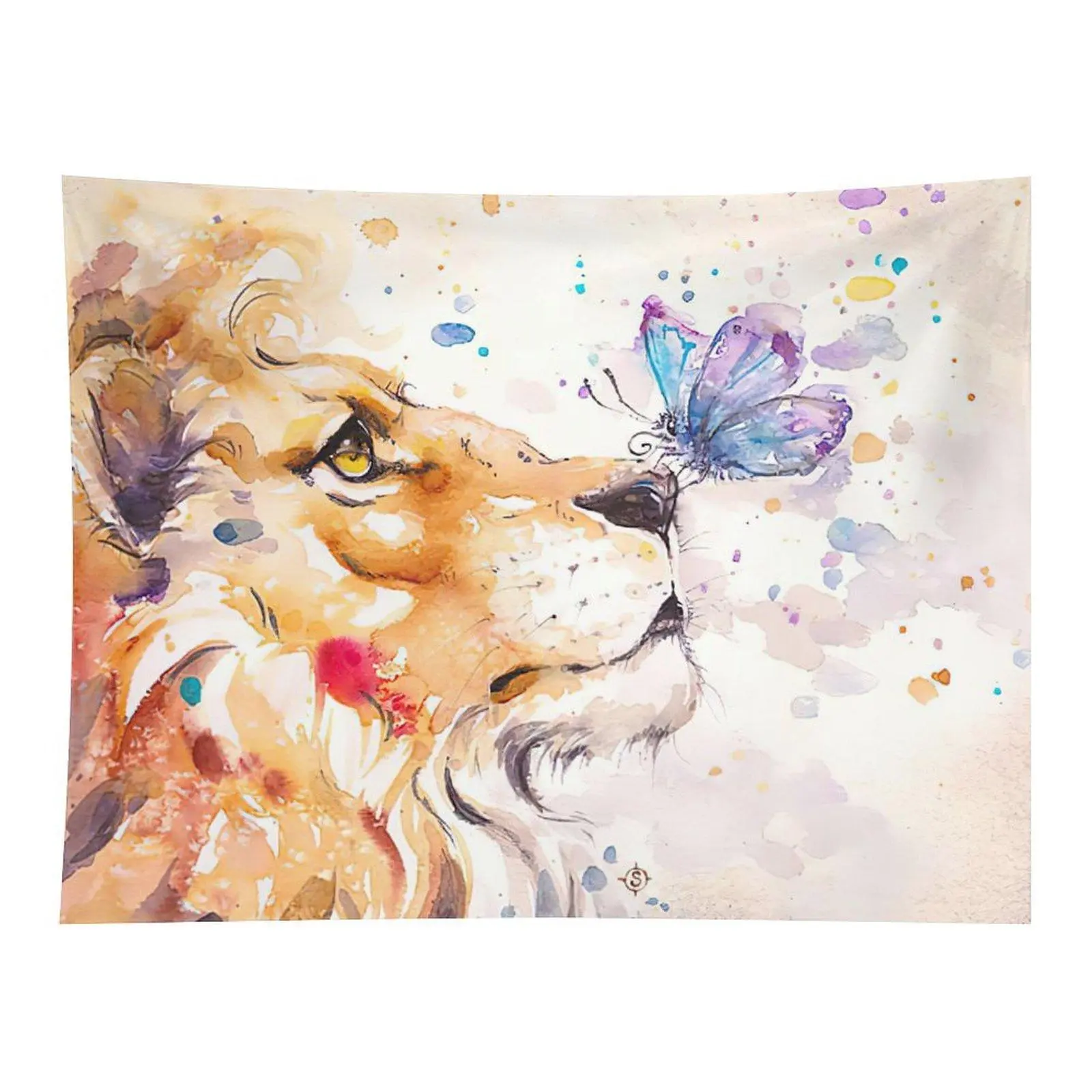 Watercolor Lion-Butterfly Tapestry, Colorful Animal Wall Decor for Room
