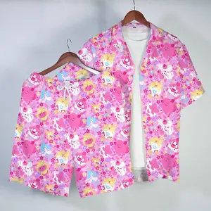 Men's Togepi Clefairy Casual Tropical Button-Up Hawaiian Shirt, Short-Sleeve Pink Floral Fantasy Pattern Fabric Set, Summer Beach Gift