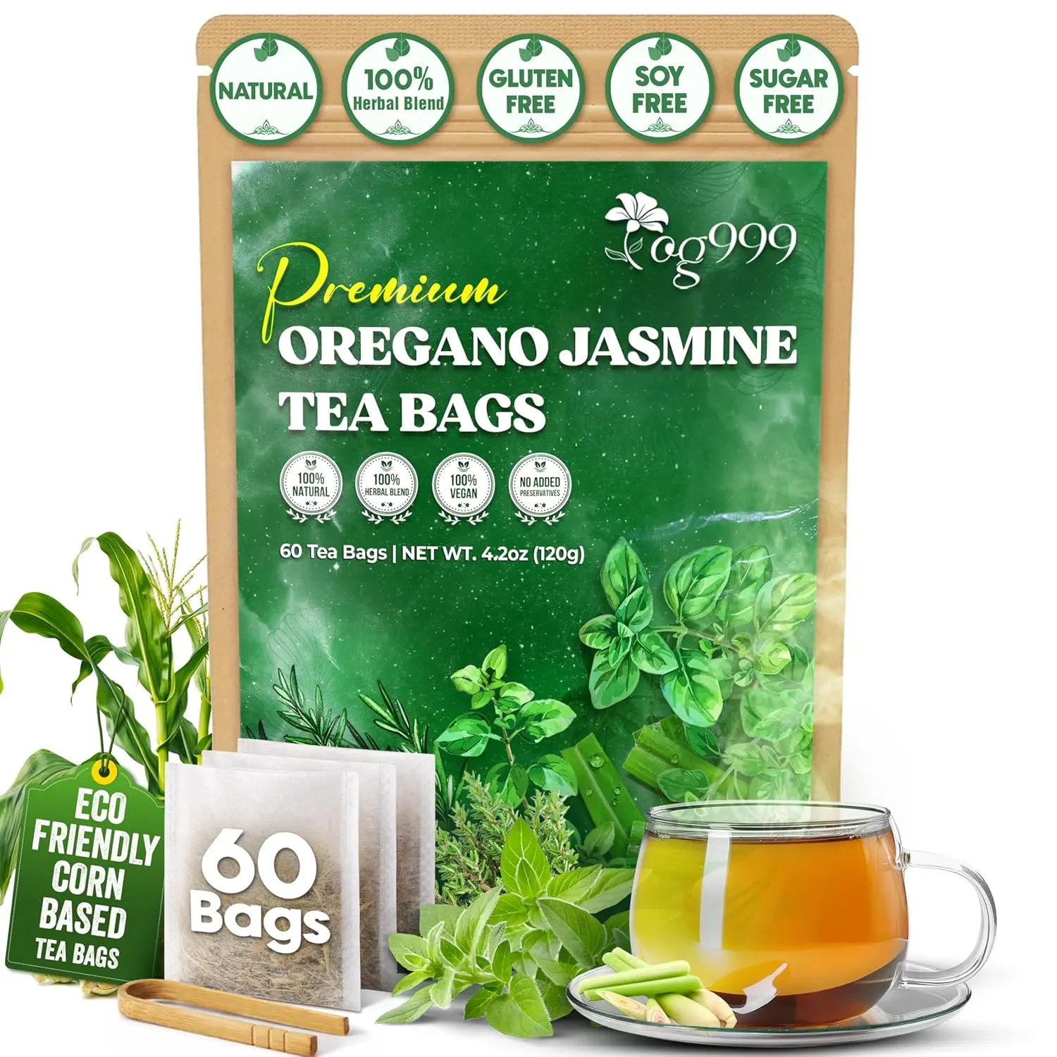 TOG999 Premium Oregano Herbal Tea 60 Tea Bags – Caffeine-Free Blend of Oregano, Thyme & Lemongrass with Natural Floral Aroma, High-Quality Herbal Infusion for Daily Wellness