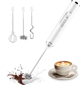 Rechargeable Electric Handheld Milk Frother - 3-Speed Coffee Mixer with 2 Whisks & Decoration Tool, Stand-up Design for Latte, Cappuccino, Cream (White)
