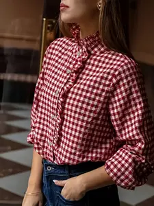 Elegant Women's Plaid Shirt Blouse, Wrinkled Collar, Long Sleeve Button Front, Casual Style, Perfect for Leisure Wear