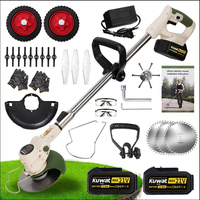 Cordless Electric Power Grass Cutter with Dual Lithium-Ion Batteries, Portable Garden Tool with 3 Interchangeable Blades