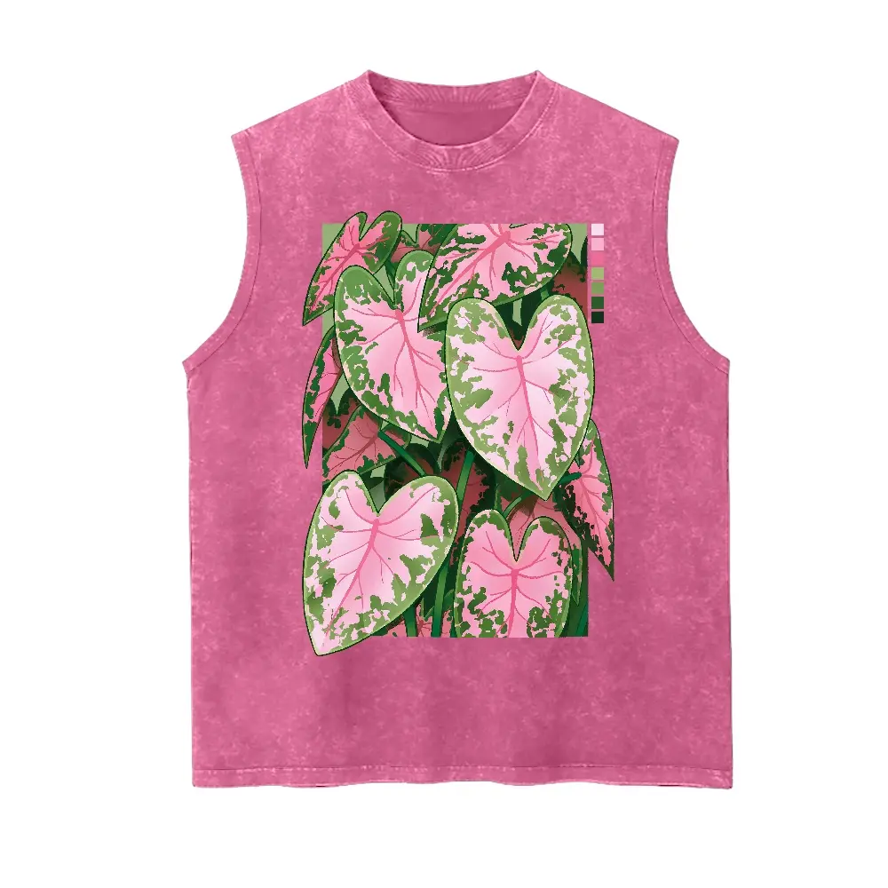 Pink Caladium Plant Washed Graphic Tank Top, Tropical Heart Leaf Print, Gift For Plant Parents & Botanical Lovers,back to school,back to school shopping